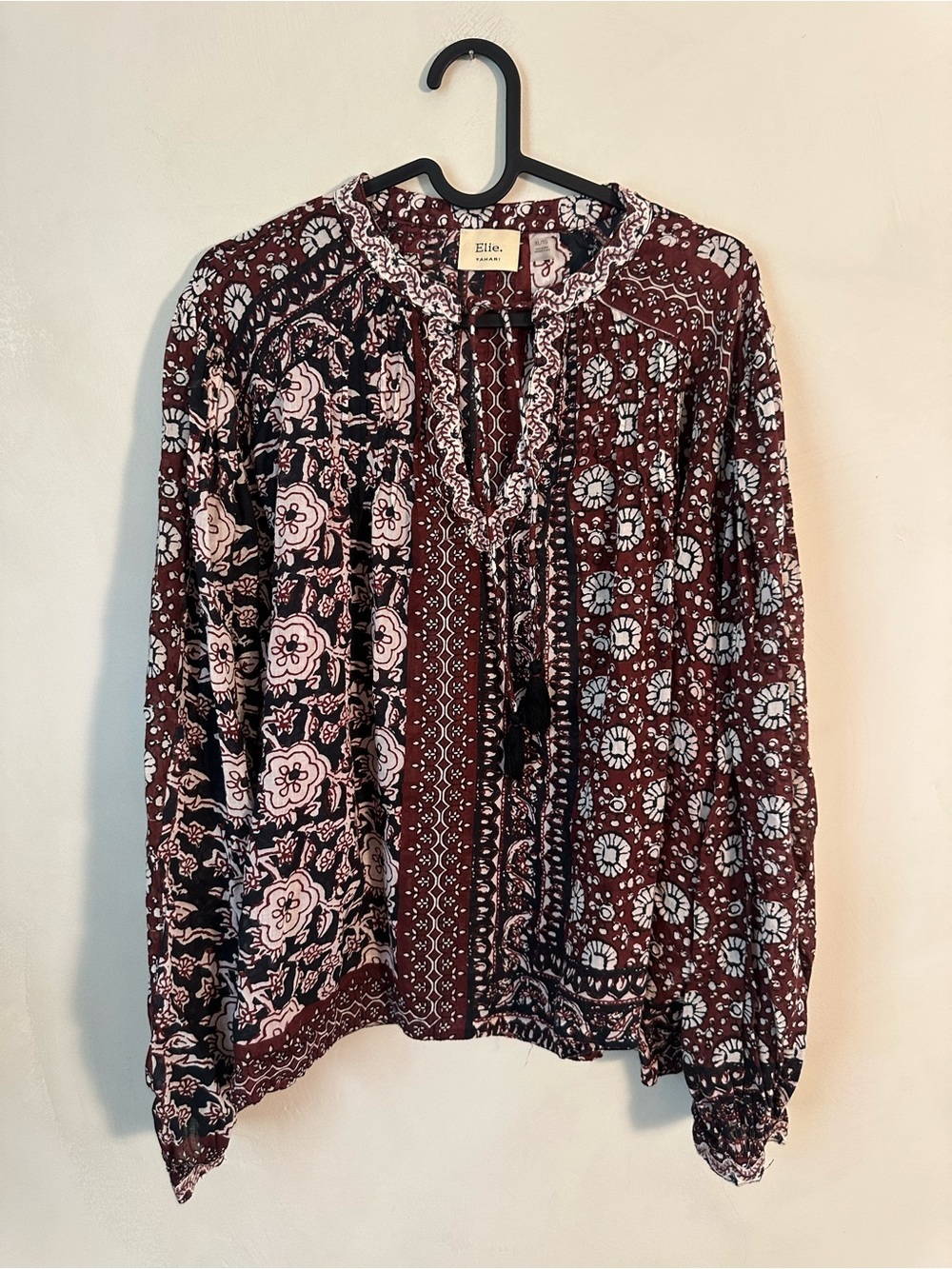 Elie Tahari Burgundy and Black Floral Peasant Blouse Cotton XL